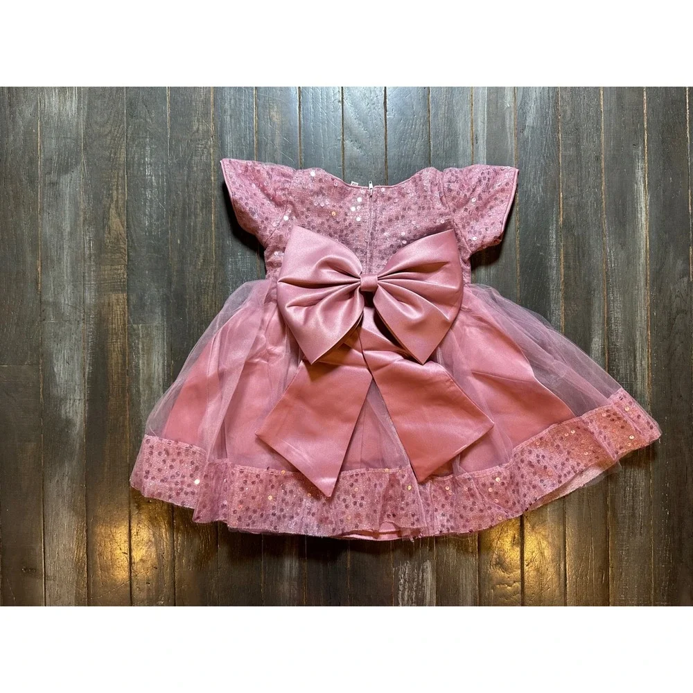 Girls Mauve Pink Sequin Tulle Party Dress Floral Sash Big Back Bow Flower Girl
